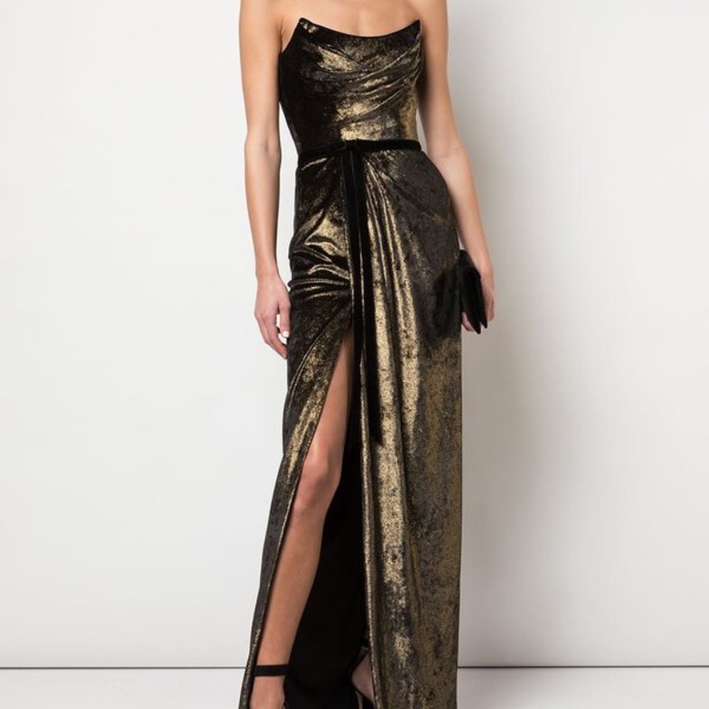 Marchesa Metallic Black and Gold Strapless Evening Gown